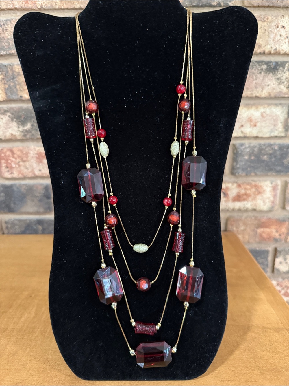 Vintage gold tone and wine colored beaded 4 strand Layered necklace